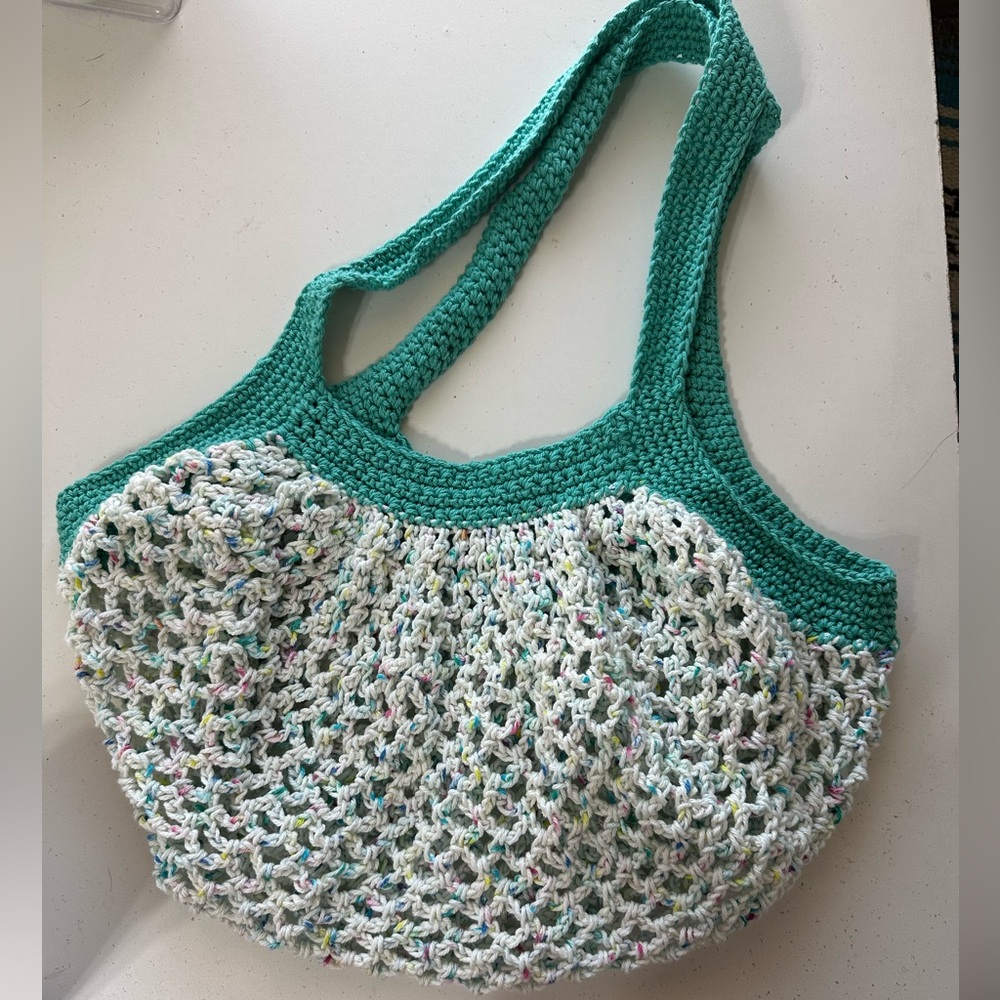 Eco-Friendly Hand-Crocheted Teal and Cream Market Tote